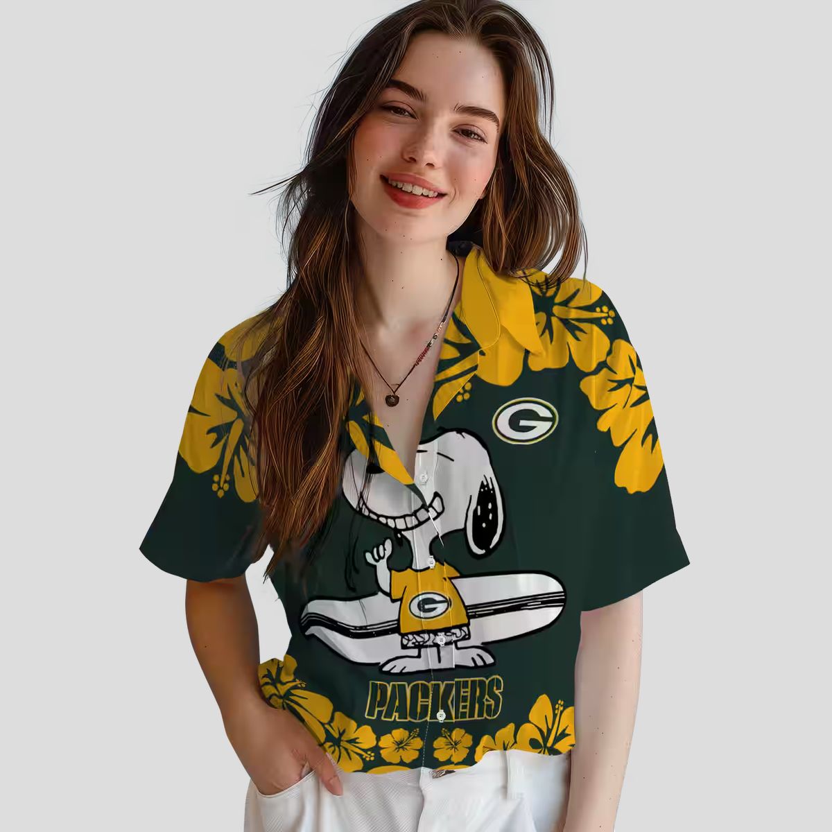 NFL Green Bay Packers Snoopy Hawaiian Shirt, Aloha Surf Shirt Green & White for Summer
