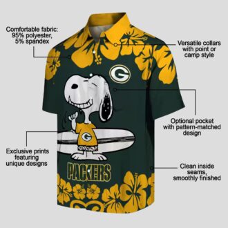 NFL Green Bay Packers Snoopy Hawaiian Shirt, Aloha Surf Shirt Green & White for Summer