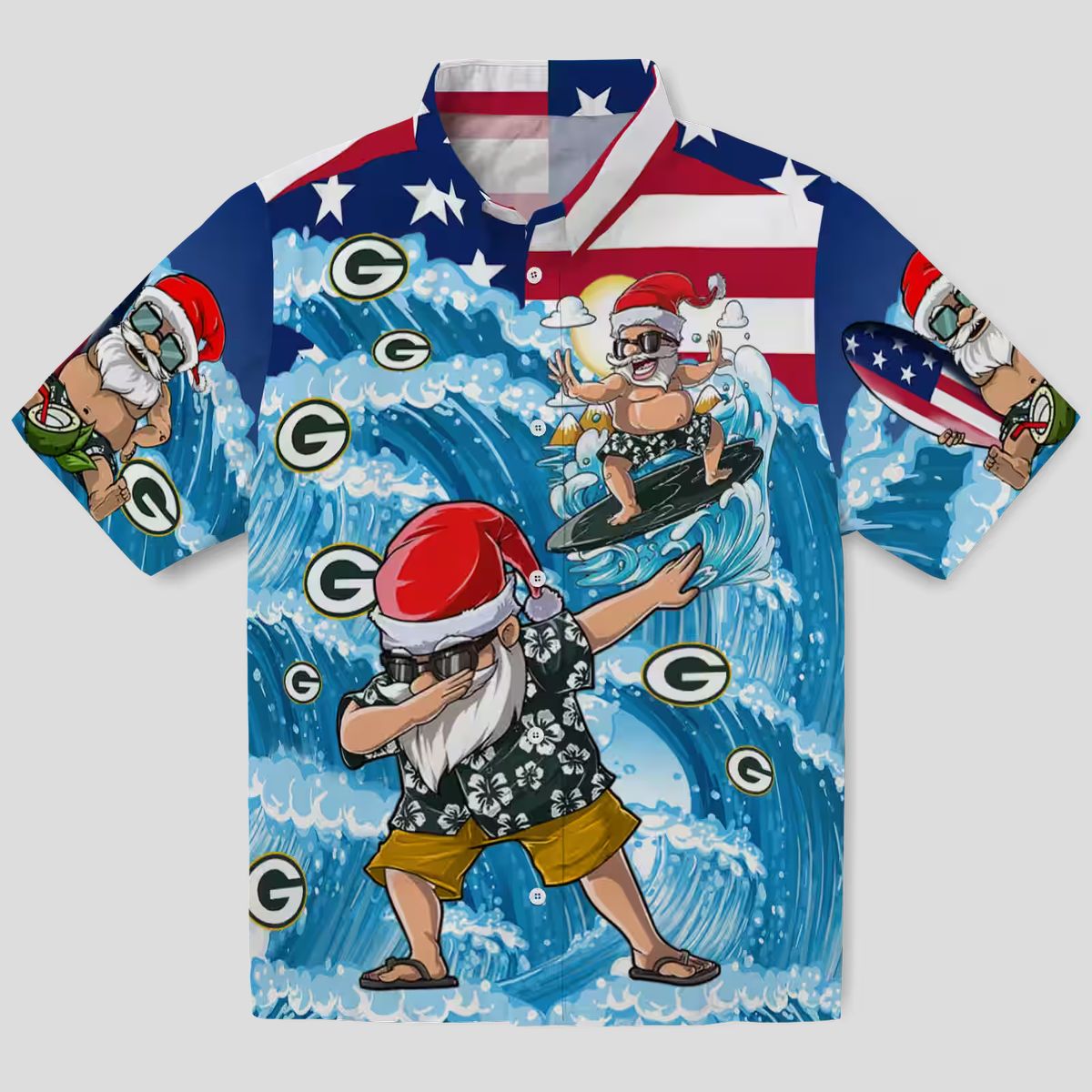 NFL Green Bay Packers Surfing Santa Funny Aloha Shirt, Blue Hawaiian Shirt for Mens