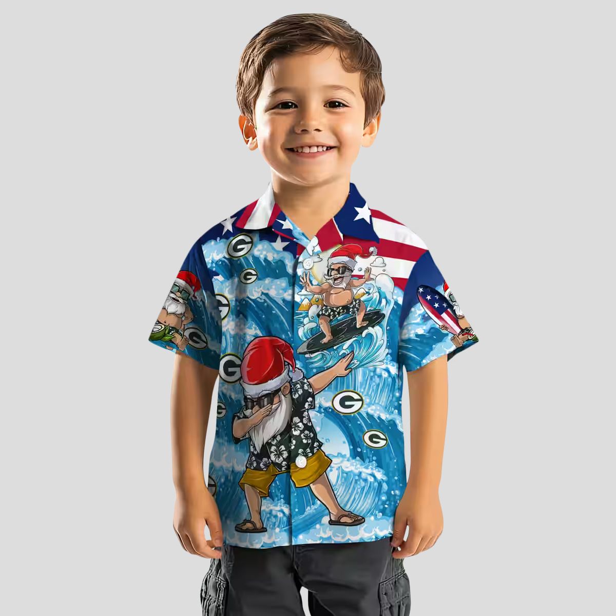NFL Green Bay Packers Surfing Santa Funny Aloha Shirt, Blue Hawaiian Shirt for Mens
