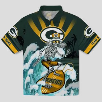 NFL Green Bay Packers Surfing Skeleton Hawaiian Shirt, Custom Blue Tropical Beach Shirt