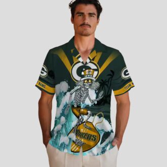 NFL Green Bay Packers Surfing Skeleton Hawaiian Shirt, Custom Blue Tropical Beach Shirt