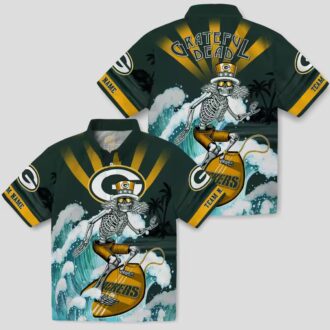 NFL Green Bay Packers Surfing Skeleton Hawaiian Shirt, Custom Blue Tropical Beach Shirt