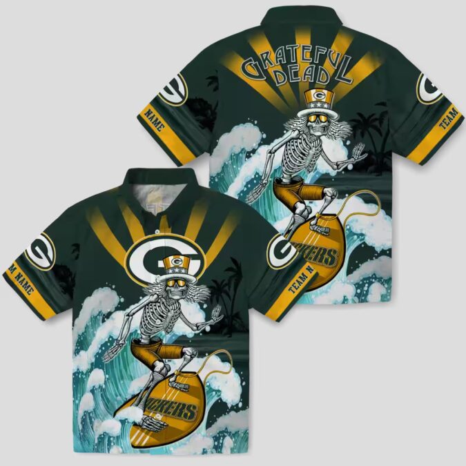 NFL Green Bay Packers Surfing Skeleton Hawaiian Shirt, Custom Blue Tropical Beach Shirt