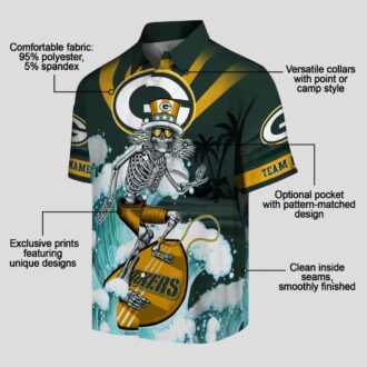 NFL Green Bay Packers Surfing Skeleton Hawaiian Shirt, Custom Blue Tropical Beach Shirt