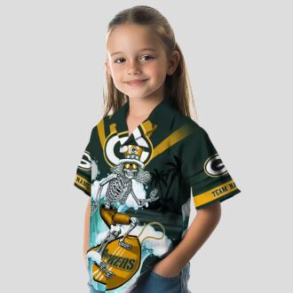 NFL Green Bay Packers Surfing Skeleton Hawaiian Shirt, Custom Blue Tropical Beach Shirt