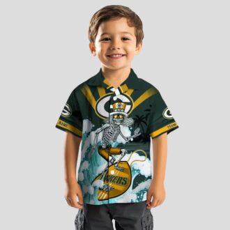 NFL Green Bay Packers Surfing Skeleton Hawaiian Shirt, Custom Blue Tropical Beach Shirt