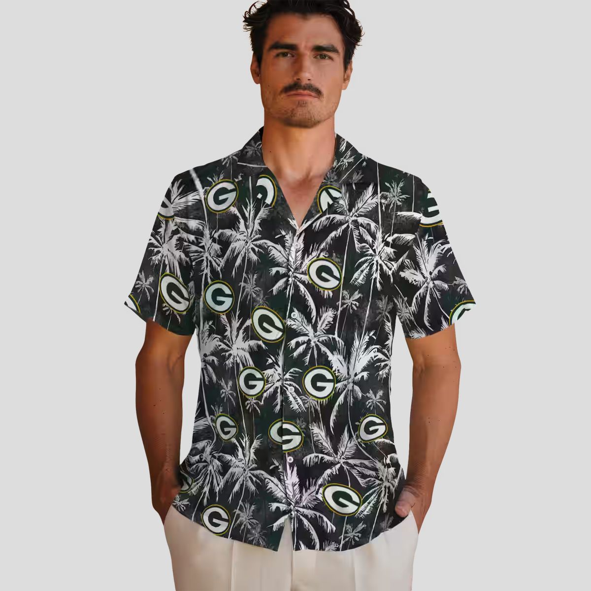 NFL Green Bay Packers Tropical Hawaiian Shirt, Palm Pattern Black & Green Beach Shirt