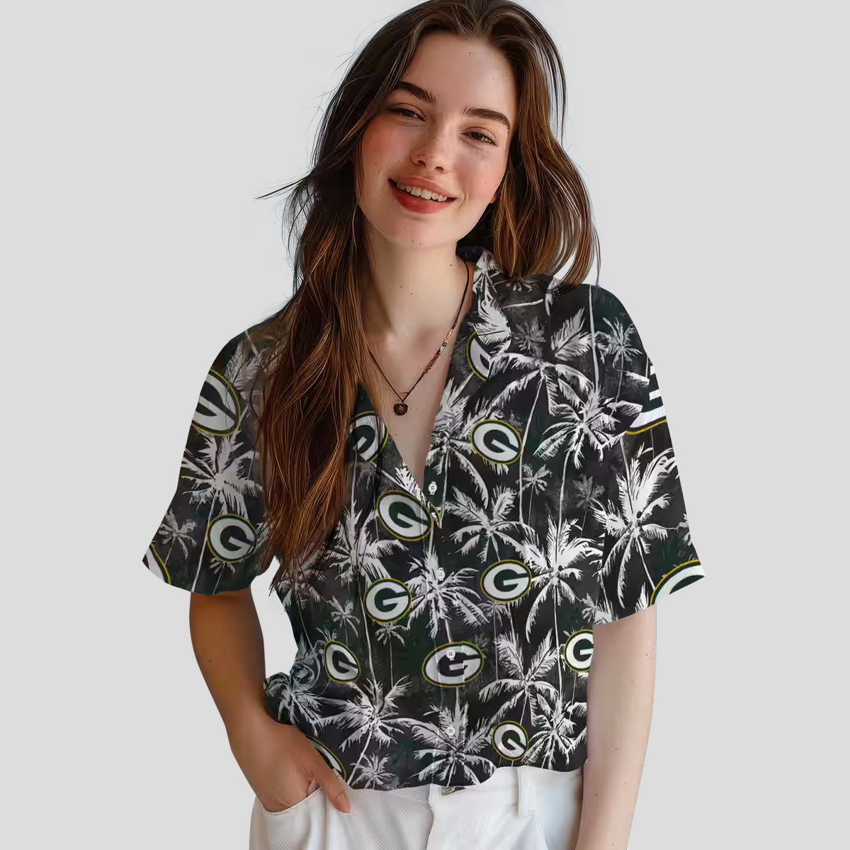 NFL Green Bay Packers Tropical Hawaiian Shirt, Palm Pattern Black & Green Beach Shirt