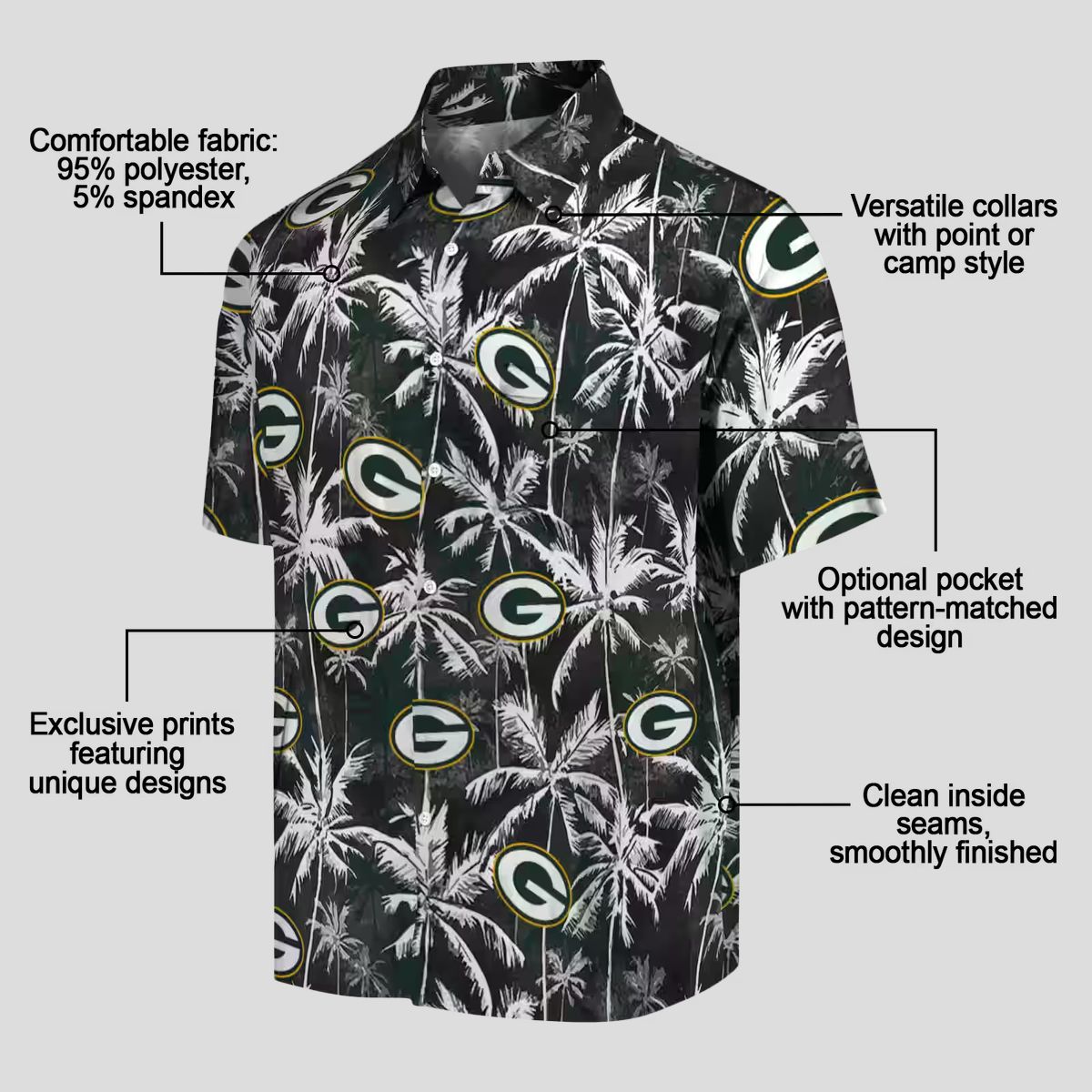 NFL Green Bay Packers Tropical Hawaiian Shirt, Palm Pattern Black & Green Beach Shirt