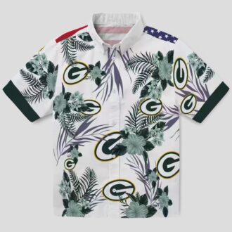 Patriotic Green Bay Packers Hawaiian Shirt, Hibiscus Floral Green & White Button Up