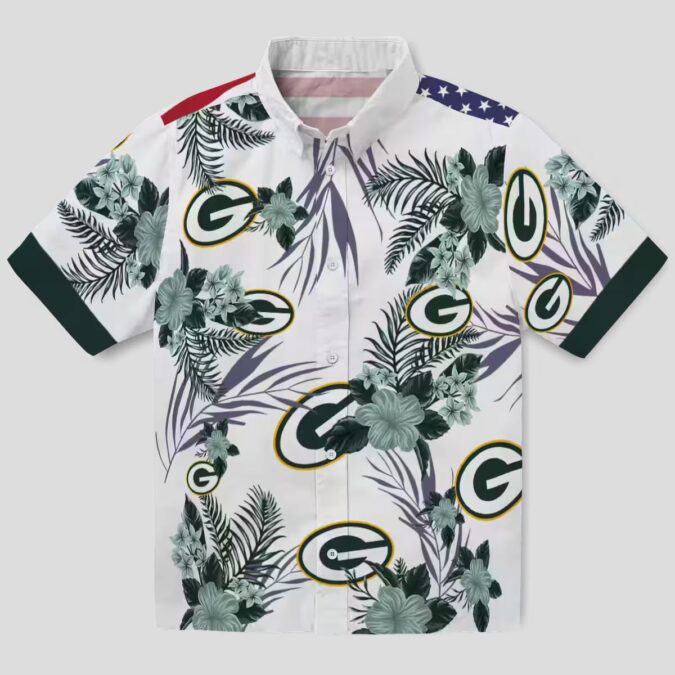 Patriotic Green Bay Packers Hawaiian Shirt, Hibiscus Floral Green & White Button Up