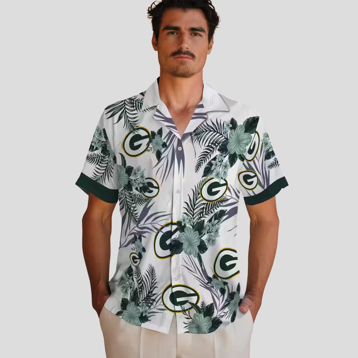 Patriotic Green Bay Packers Hawaiian Shirt, Hibiscus Floral Green & White Button Up
