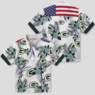 Patriotic Green Bay Packers Hawaiian Shirt, Hibiscus Floral Green & White Button Up