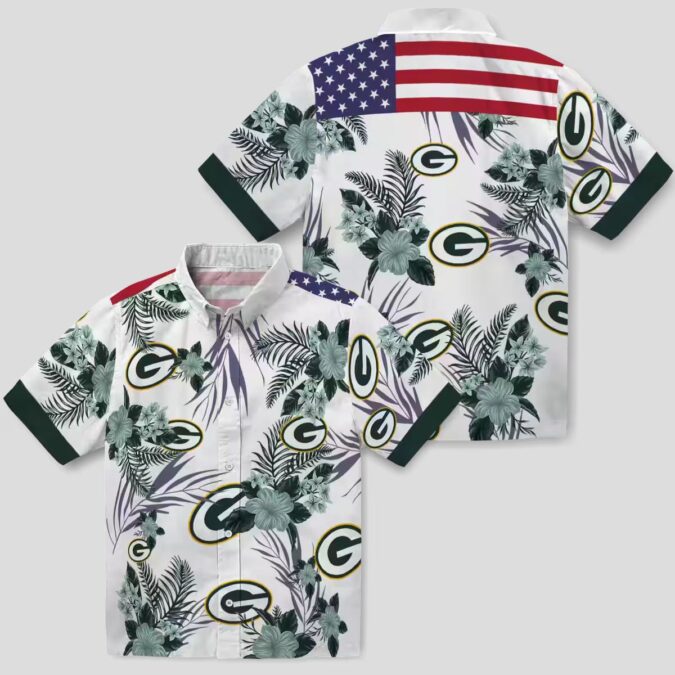 Patriotic Green Bay Packers Hawaiian Shirt, Hibiscus Floral Green & White Button Up