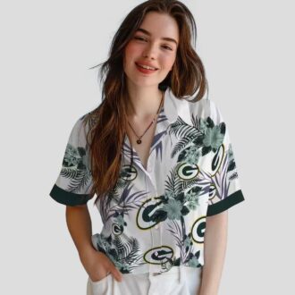 Patriotic Green Bay Packers Hawaiian Shirt, Hibiscus Floral Green & White Button Up