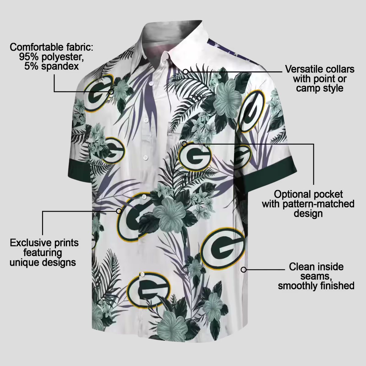 Patriotic Green Bay Packers Hawaiian Shirt, Hibiscus Floral Green & White Button Up