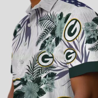 Patriotic Green Bay Packers Hawaiian Shirt, Hibiscus Floral Green & White Button Up