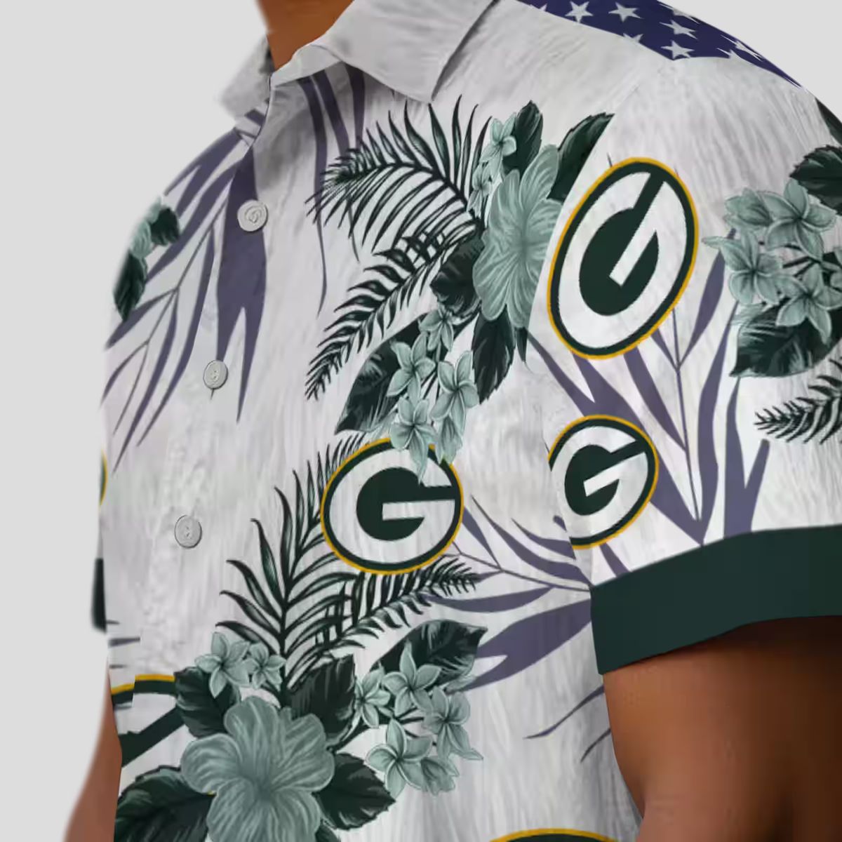 Patriotic Green Bay Packers Hawaiian Shirt, Hibiscus Floral Green & White Button Up