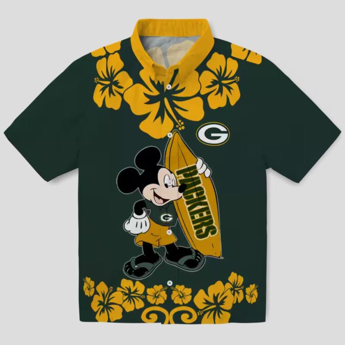 Surfing Mickey Green Hawaiian Shirt, NFL Green Bay Packers Aloha Beach Shirt