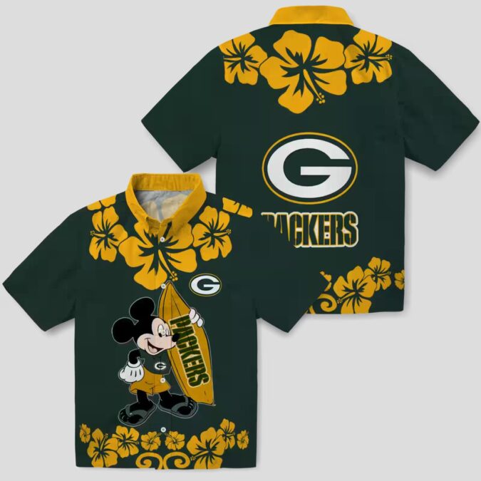 Surfing Mickey Green Hawaiian Shirt, NFL Green Bay Packers Aloha Beach Shirt