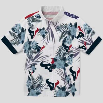 Blue & White Houston Texans Hawaiian Shirt with Patriotic Hibiscus Print