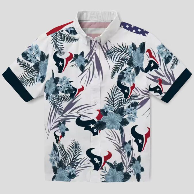 Blue & White Houston Texans Hawaiian Shirt with Patriotic Hibiscus Print