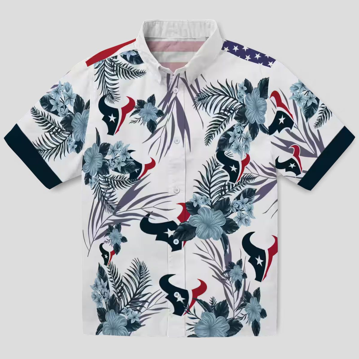 Blue & White Houston Texans Hawaiian Shirt with Patriotic Hibiscus Print