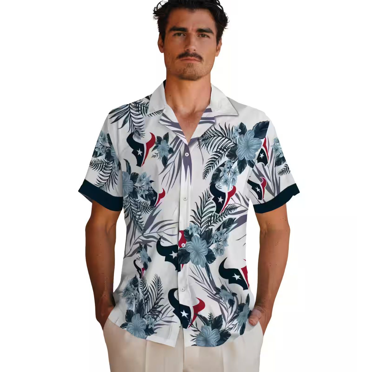 Blue & White Houston Texans Hawaiian Shirt with Patriotic Hibiscus Print