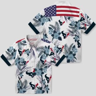 Blue & White Houston Texans Hawaiian Shirt with Patriotic Hibiscus Print