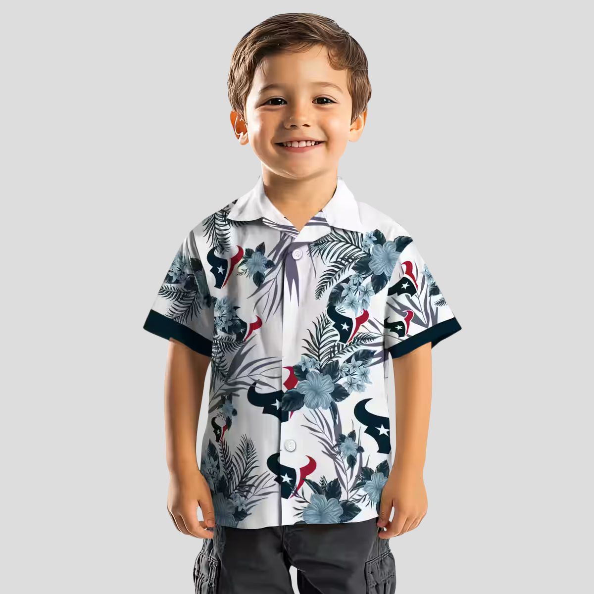 Blue & White Houston Texans Hawaiian Shirt with Patriotic Hibiscus Print