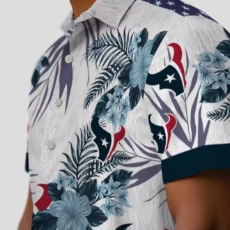 Blue & White Houston Texans Hawaiian Shirt with Patriotic Hibiscus Print