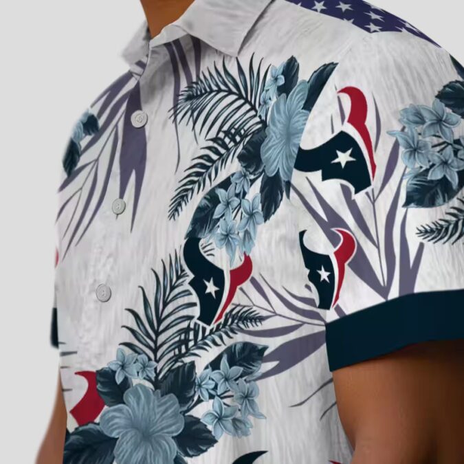 Blue & White Houston Texans Hawaiian Shirt with Patriotic Hibiscus Print