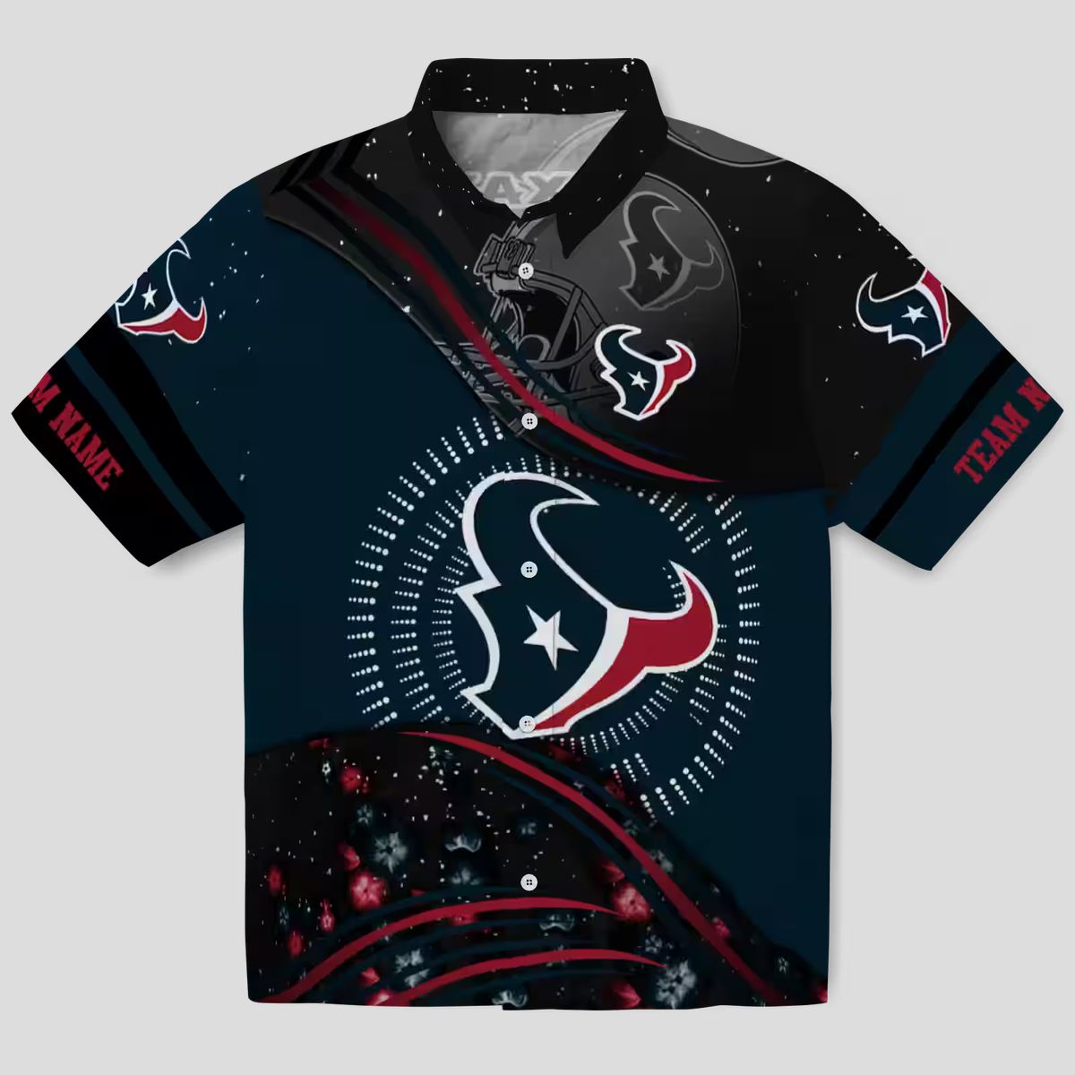 Blue and Black Houston Texans Hawaiian Shirt with Football Wave Design
