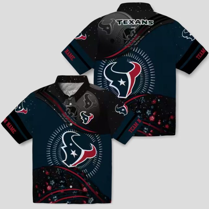 Blue and Black Houston Texans Hawaiian Shirt with Football Wave Design