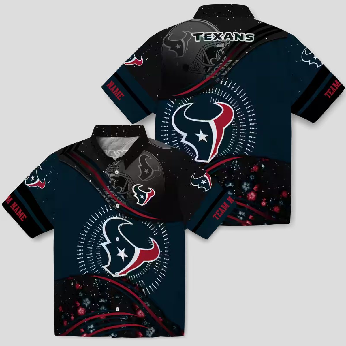 Blue and Black Houston Texans Hawaiian Shirt with Football Wave Design