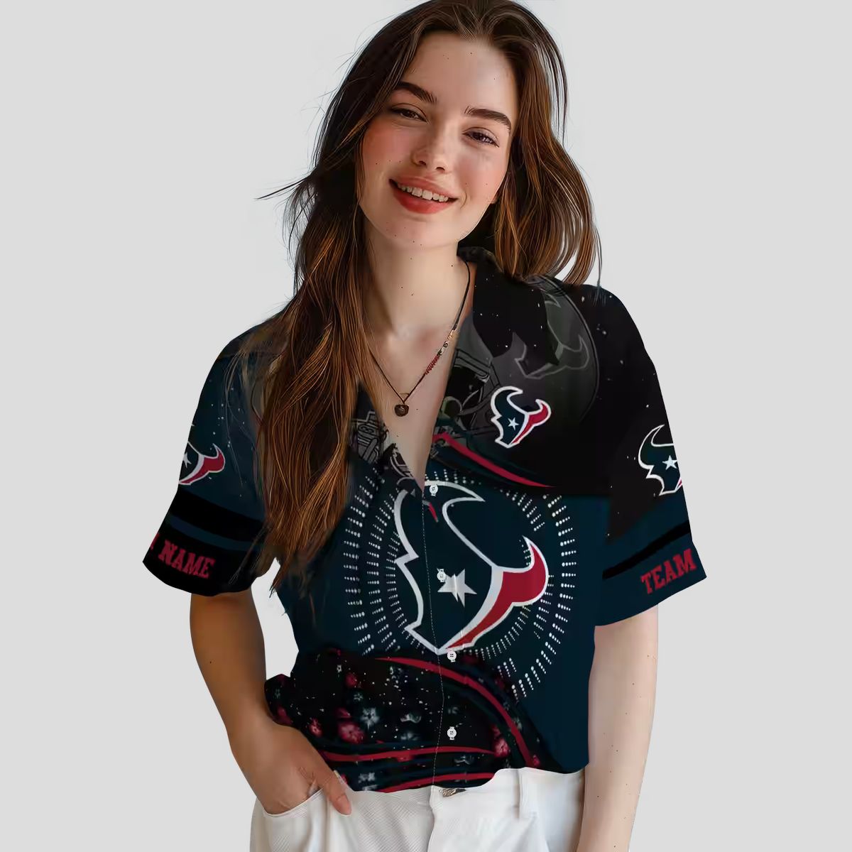 Blue and Black Houston Texans Hawaiian Shirt with Football Wave Design