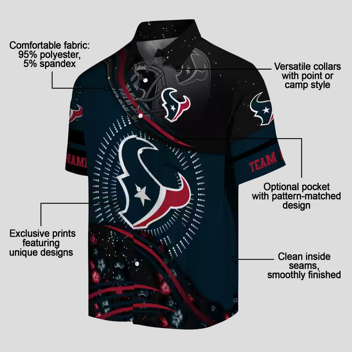Blue and Black Houston Texans Hawaiian Shirt with Football Wave Design