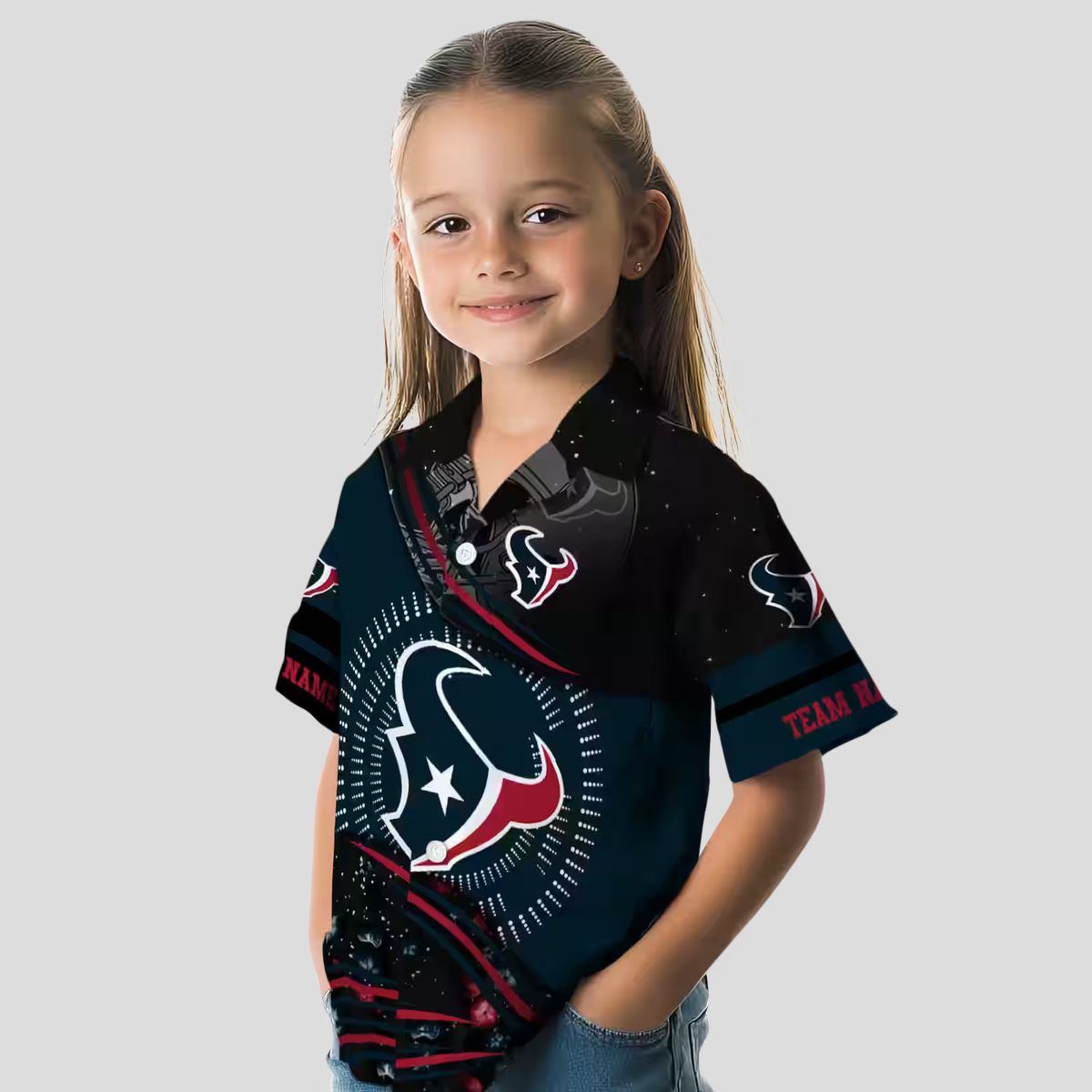 Blue and Black Houston Texans Hawaiian Shirt with Football Wave Design