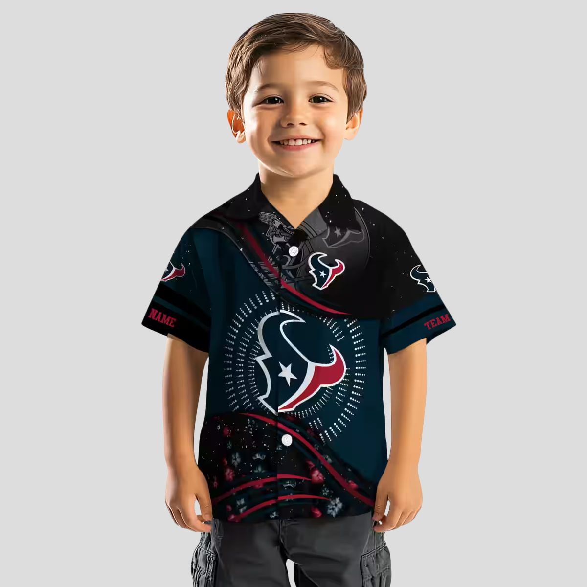 Blue and Black Houston Texans Hawaiian Shirt with Football Wave Design