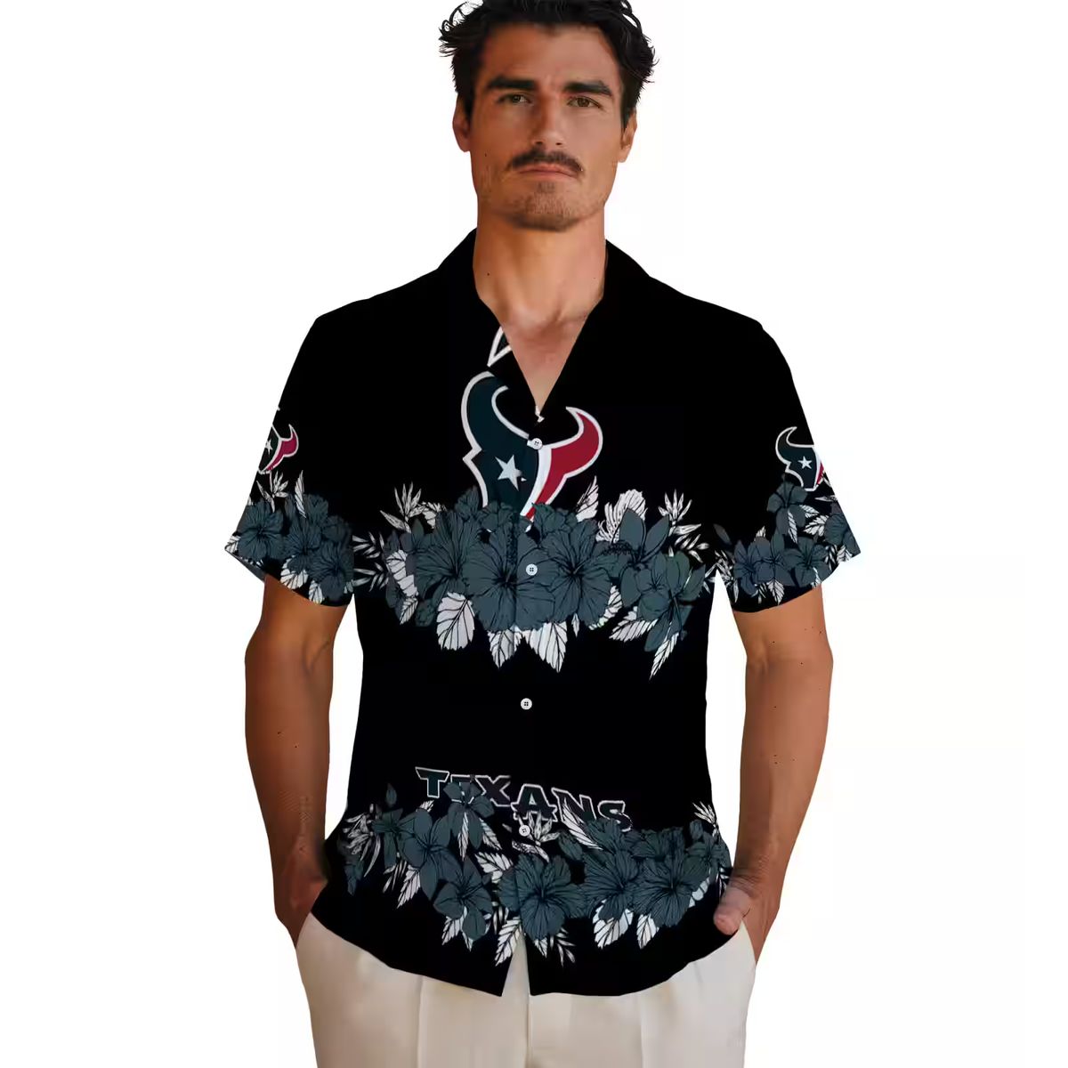 Blue Black Houston Texans Hibiscus Stripe Hawaiian Shirt for Summer Fans