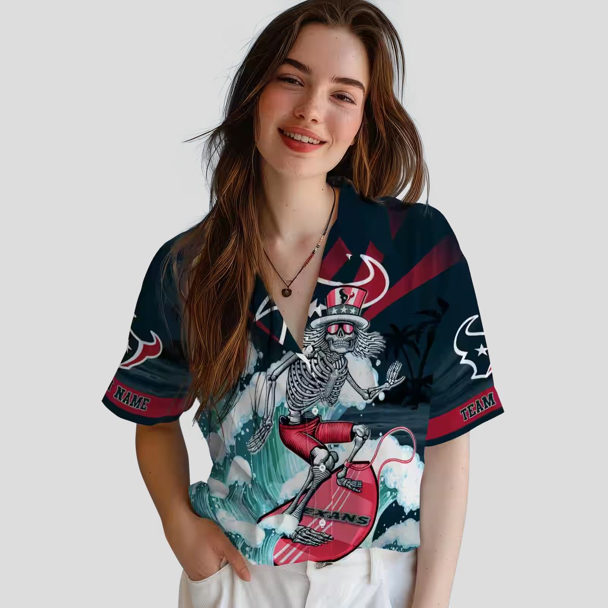 Blue Houston Texans Hawaiian Shirt, Surfing Skeleton Custom Aloha Shirt for Summer