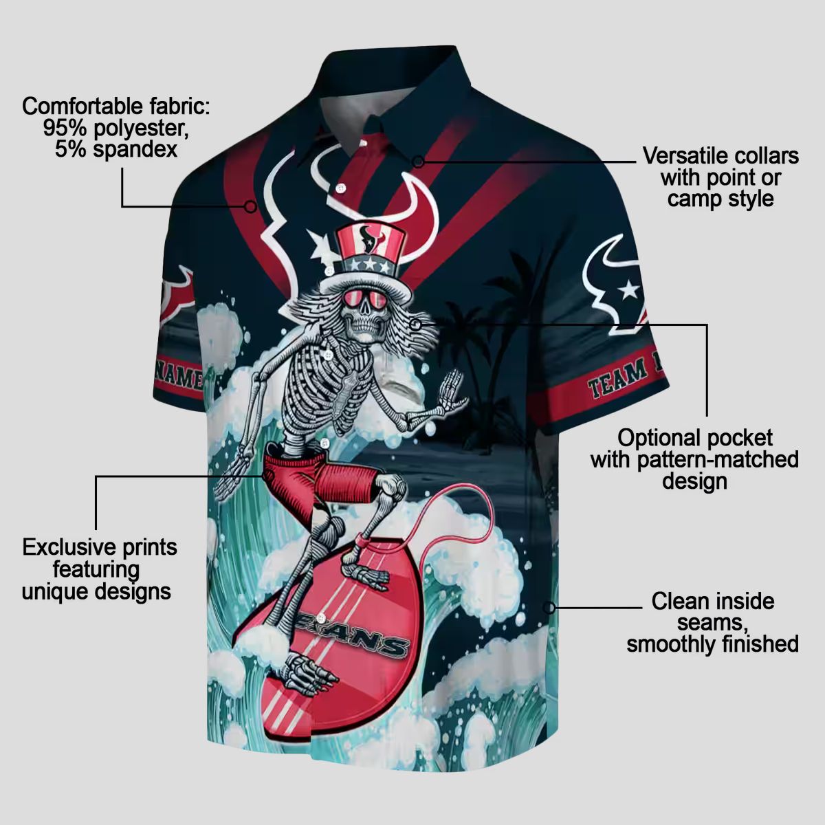 Blue Houston Texans Hawaiian Shirt, Surfing Skeleton Custom Aloha Shirt for Summer