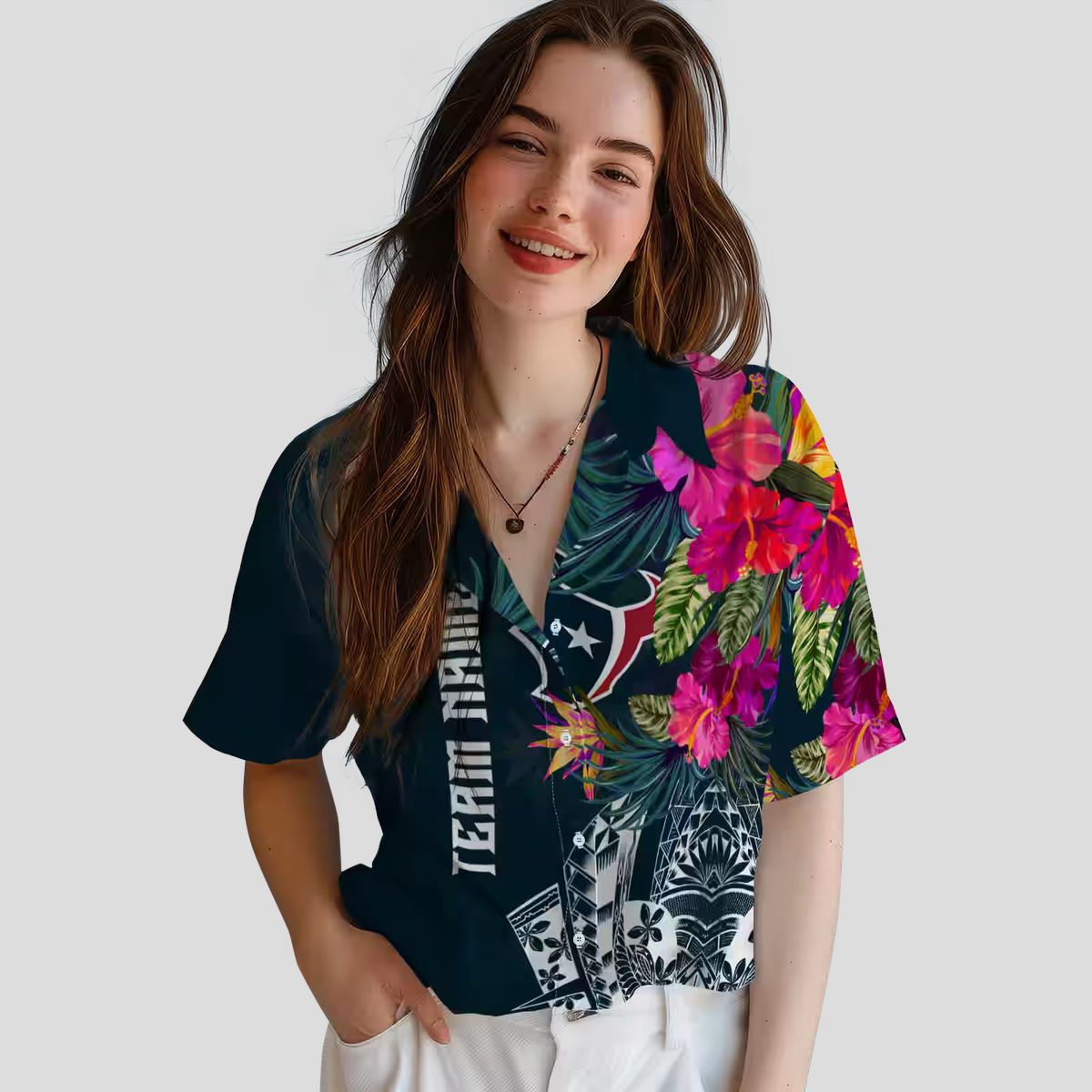 Blue Houston Texans Tropical Polynesian Floral Hawaiian Shirt for Men and Women