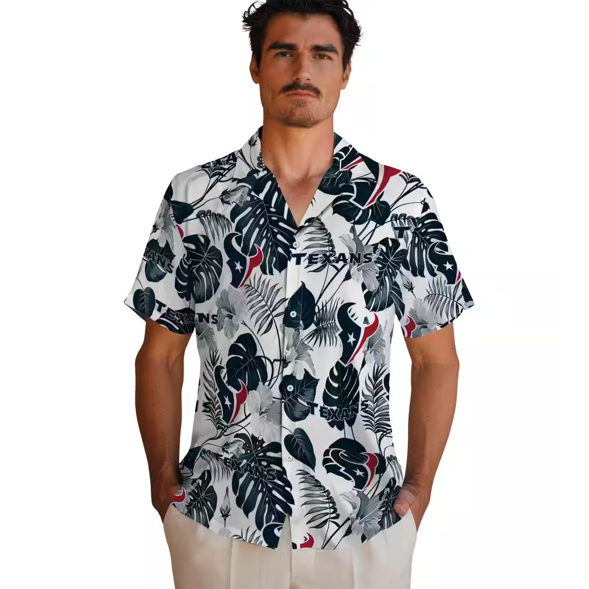 Blue White Houston Texans Hawaiian Shirt, Tropical Plants Aloha Shirt for Beach Party