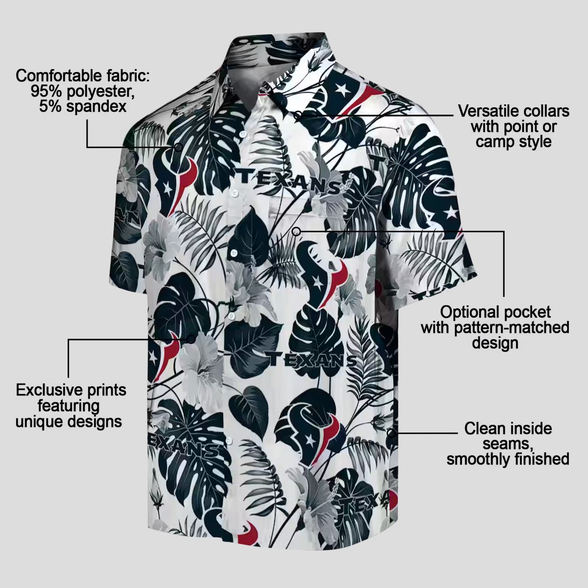 Blue White Houston Texans Hawaiian Shirt, Tropical Plants Aloha Shirt for Beach Party