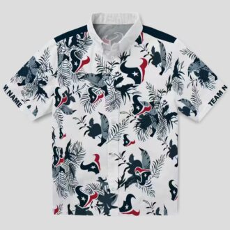 Custom Blue White Houston Texans Hawaiian Shirt, Botanical Theme Aloha Button Up