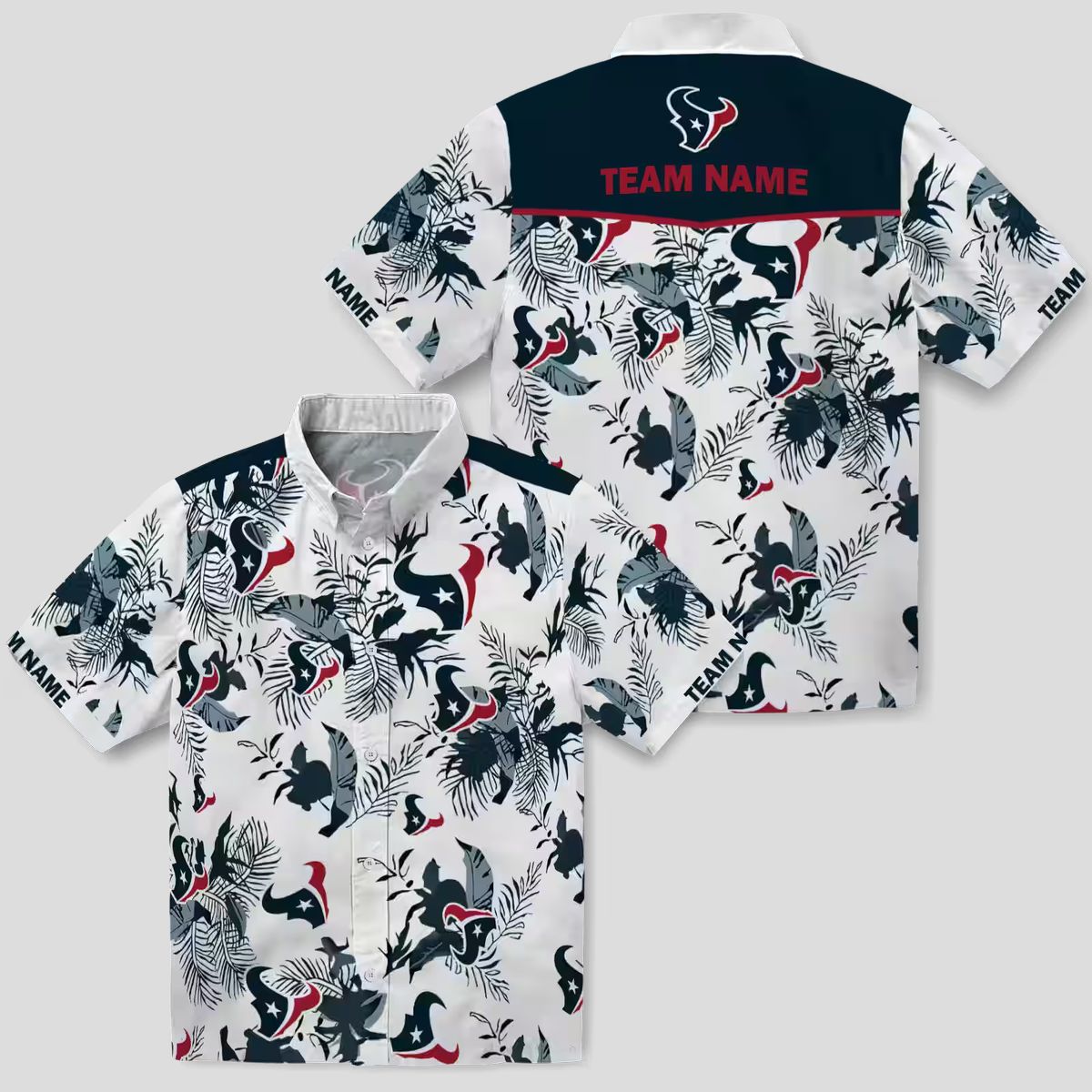 Custom Blue White Houston Texans Hawaiian Shirt, Botanical Theme Aloha Button Up