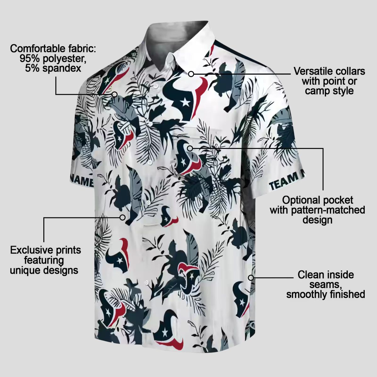 Custom Blue White Houston Texans Hawaiian Shirt, Botanical Theme Aloha Button Up