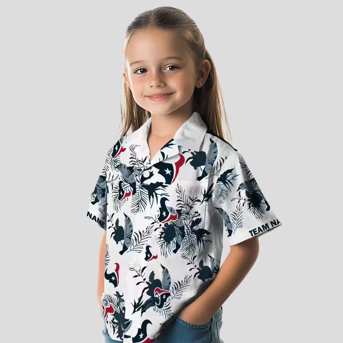 Custom Blue White Houston Texans Hawaiian Shirt, Botanical Theme Aloha Button Up